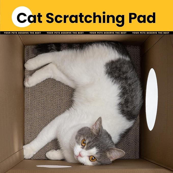 Cardboard Cat House with Scratch Pad & Catnip, Cat Play Scratching House for Indoor Hideaway Furniture, Heavy Duty Sturdy Cardboard Scratcher, Easy to Assemble Birthday Gift, Medium