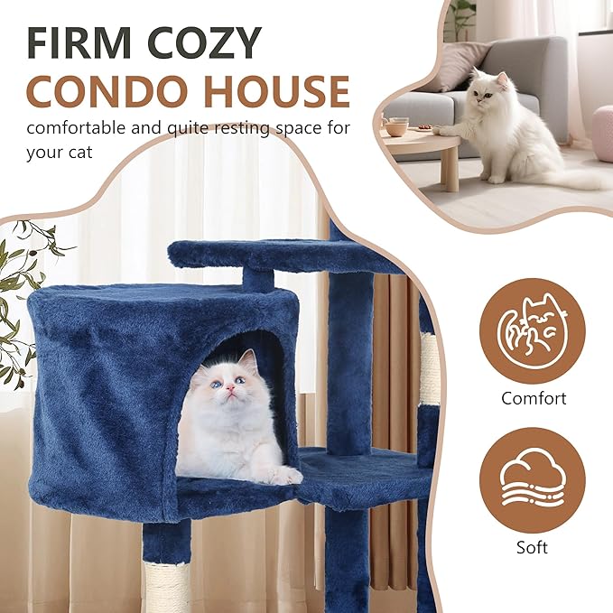 FDW | 36" Cat Tree Tower | Navy Blue | Multi-Level Indoor Activity Center with Sisal Scratching Posts, Condos, Plush Perches, Hanging Cat Toys | Sturdy, Easy to Assemble | for Kittens & Adult Cats