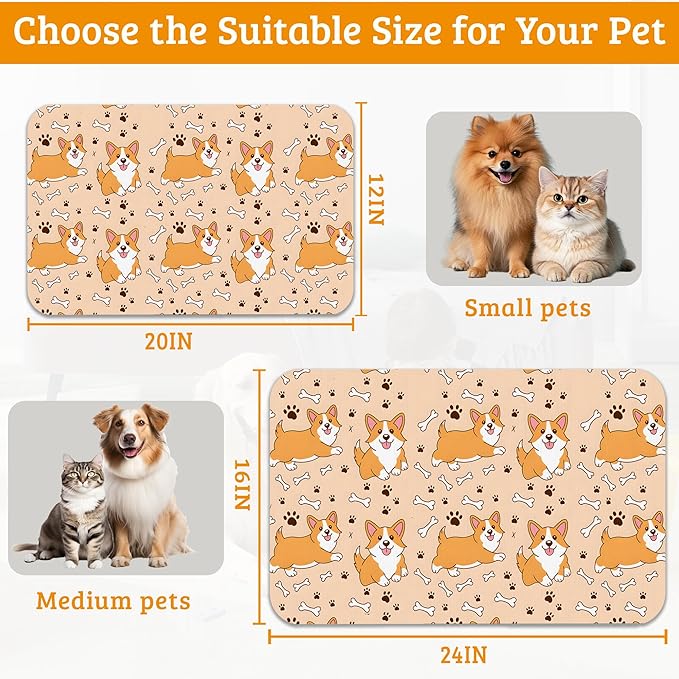 Corgi Feeding Mat,Cute Dogs Absorbent Quick-Dry Cat Dog Food and Water Bowl Mats,Non-Slip Rubber Backing Mat,Cat Dog Accessories Supplies 16" x 24"
