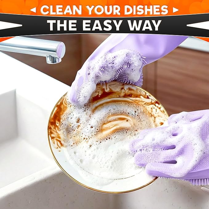 ALPENKOK Silicone Dish Gloves with Scrubbers – Thick Tear-Resistant Dishwashing Gloves – Long-Lasting | Household Use