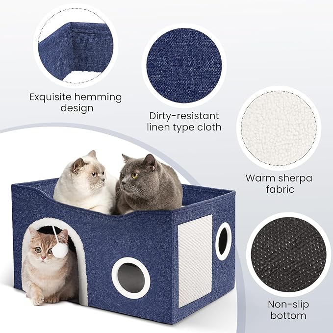 Heeyoo Cat House for Indoor Cats - Large Cat Bed Cave with Fluffy Ball and Scratch Pad, Foldable Cats Houses & Condos, Cat Hideaway, Covered Kitty Bed for Multi Small Large Kitty, 23.8x15.9x13.2 Inch
