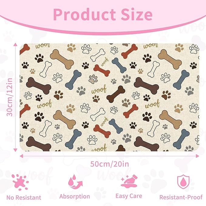 Dog Feeding Mat 20 x 12 Inch, Neutral Paw Bone Woof Dog Placemat Absorbent Quick-Dry for Food and Water, Waterproof Non Slip Rubber Pet Bowl Pad Mat for Floors
