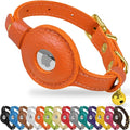 OOPSDOGGY Leather AirTag Cat Collar with Bell - Non Breakaway Kitten Collar with Apple Air Tag Holder - Lightweight GPS Pet Collars for Girl Boy Cats, Small Dogs, Puppies (Orange)