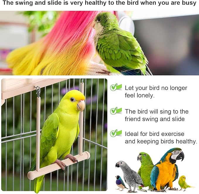 Wooden Bird Habitat Platform with Swing and Ladder - Sturdy Long Tailed Parrot cage Accessory, Suitable for Exercising and Entertaining Bird Games Gym - Perfect for Parrots, Canaries, Sparrows