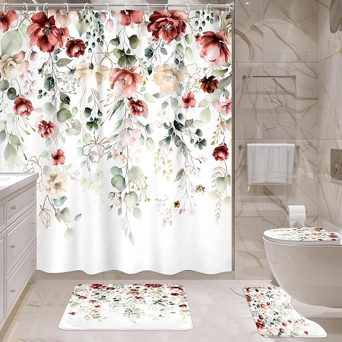 4 PCS Red Burgundy Floral Flower Shower Curtain Set 72Wx72H Inch Watercolor Pastel Complete Bathroom Set Non-Slip Bath Rug Toilet Lid Cover and U Shape Mat Accessories 12 Hooks Bathoom Decor