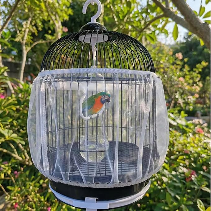 2 Pcs Bird Cage Seed Catcher, Adjustable Bird Cage Net Cover, Reusable Soft Nylon Cover for Parrot Enclosures (White)