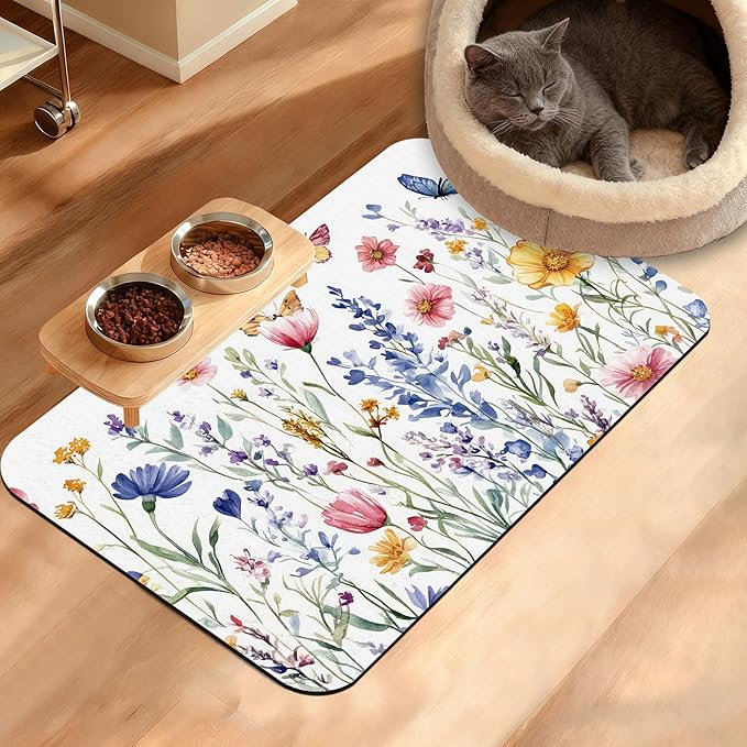 Flowers Butterfly Dog Food Mat,Colorful Absorbent Pet Feeding Mat for Food and Water Bowl,Quick Dry Dog Placemat Non Slip Rubber Backing Waterproof Pet Supplies 16" x 24"