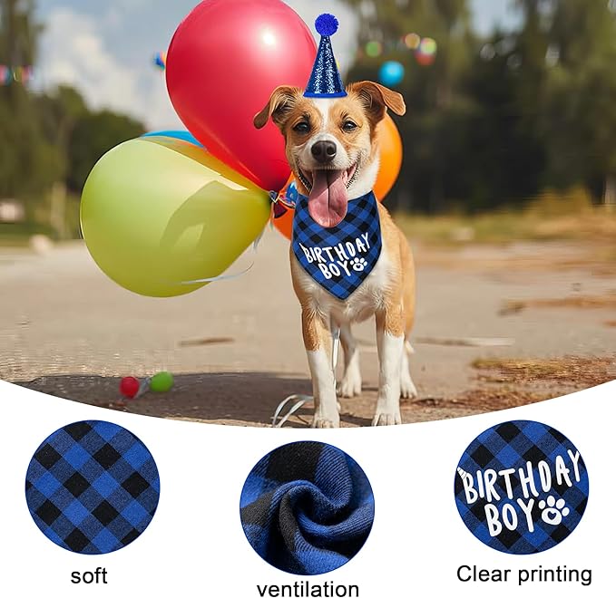 Dog Cat Birthday Party Supplies, Dog Cat Birthday Decorations Hat Bandana Bow Tie Collar Set with 0-8 Number for Large Medium Small Pet (Large, Blue)