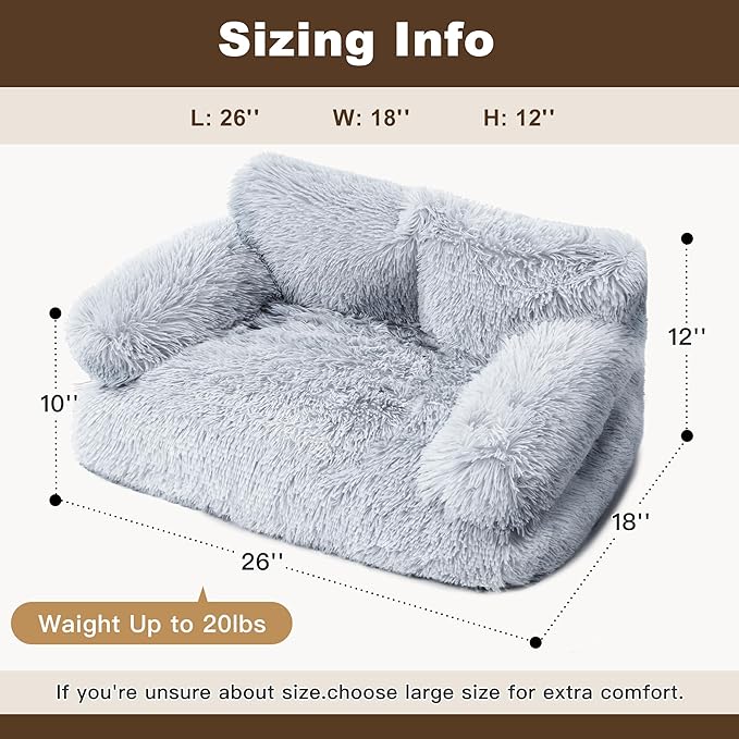 Large Cat Beds for Indoor Cats, Dog Couch Bed, Cute Cat Couch Sofas for Less 20lbs Kitten Puppy, Small Dog Sofas & Chairs with Removable Washable Cover, Warm Pet Furniture, Plush Light Grey