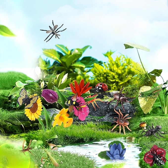 20Pcs Insect Toy Fake Plastic Bugs Figures for Kids - Flower Ladybug Bee Butterfly Ant Cricket Mantis Scorpion Spider School Project Birthday Cake Topper Party Favors April Fool's Day Prank Gifts