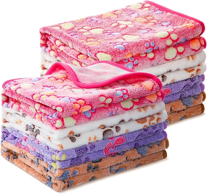 Tegeme 8 Pcs Fleece Dog Blankets for Small Dogs Cat Soft Coral Velvet Warm Sleep Mat Fluffy Dog Paw Print Blanket for Kitten Doggy Small Animal(24 x 16 Inch,Mixed Color)