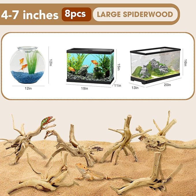 Jorewood Natural Small Spiderwood Driftwood for Aquarium Decor Rptile Fish Tank Decoration Assort Branch 4-7'' 8 Pcs