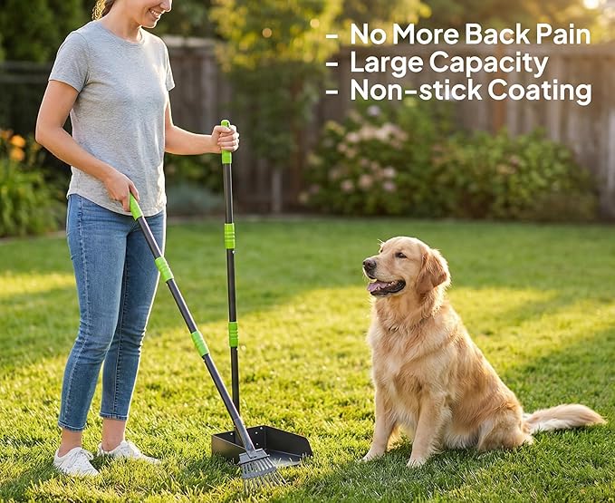 Niubya Pooper Scooper for Dogs, Metal Poop Scooper Tray and Rake Set with Adjustable Long Handle, Dog Pooper Scooper for Pet Waste Removal