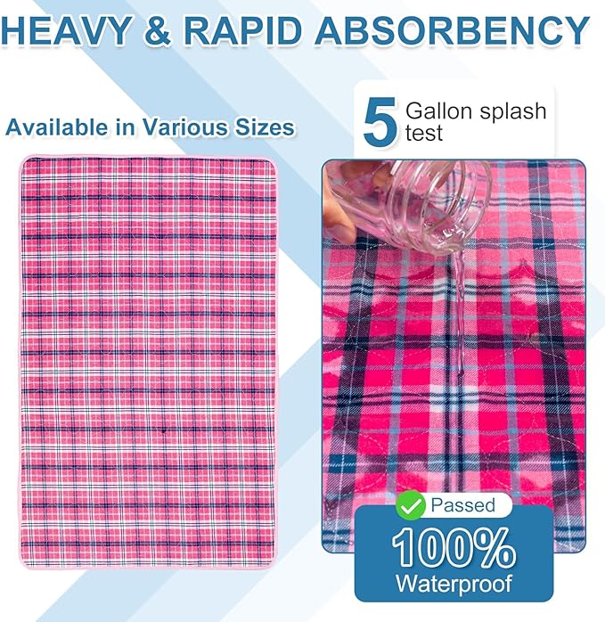 OUTCREATOR® Washable Bed Pads 34" x 76" (Pack of 2) for Incontinence Mattress Protector, Reusable Underpads for Elderly, Adults, Kids, Pets with Anti-Slip Bottom (Pink Plaid)