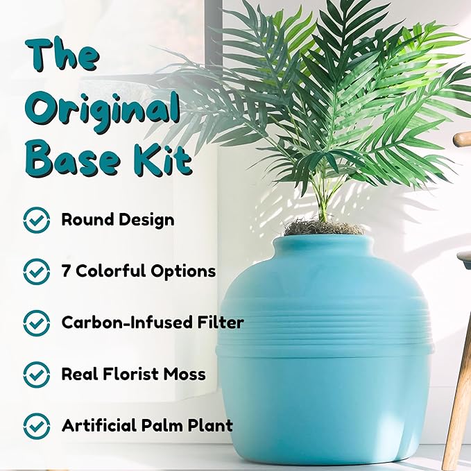 Good Pet Stuff Hidden Litter Box Planter, Decorative Cat Litter Enclosure with Carbon Filter, Artificial Plant, Easy Clean, Indoor Design, Original Round Style, Base Kit, Caribbean Blue