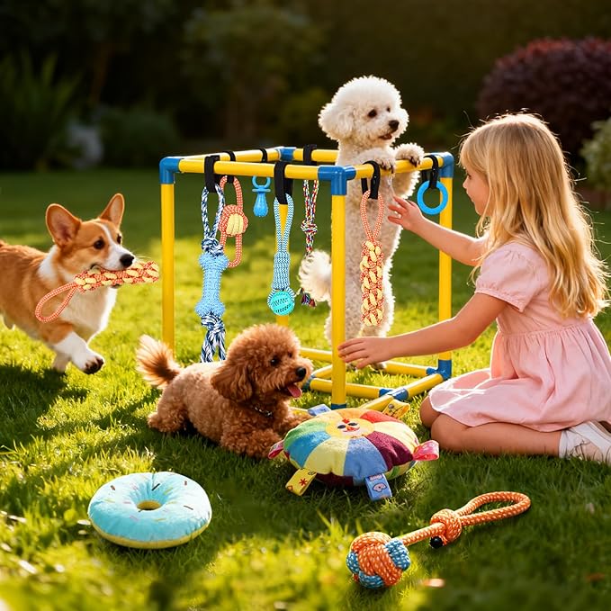 Puppy Play Gym for Small Dogs with 10 Hanging Toys, Removable Indoor Jungle Gym, PVC Frame with Adjustable Bungee Straps, Interactive Dog Toys Tug Toys for Dogs Rope Toy to Keep Them Busy