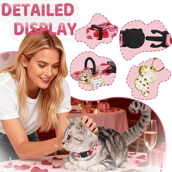Elegant little tail 2 Pack Cat Collar- Valentines Cat Collars Breakaway with Bell Pendant Wedding Kitten Boy Girl Safety Adjustable 7-12 Inch Collar for Small Cats Puppy