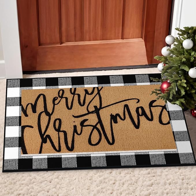Tinideya 2 Pcs Door Mat Welcome Non Slip Coir Mats Floor Layering Doormats Seasonal for Front Porch Entryway Decor(Merry Christmas)