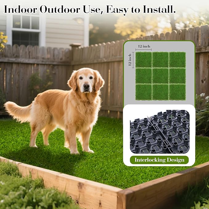XLX TURF Interlocking Fake Grass Tiles for Dogs Potty - Pets Friendly Artificial Grass for Dog Kennel Outdoor Patio Balcony & Home Decor, 12"x12" 9 Pack