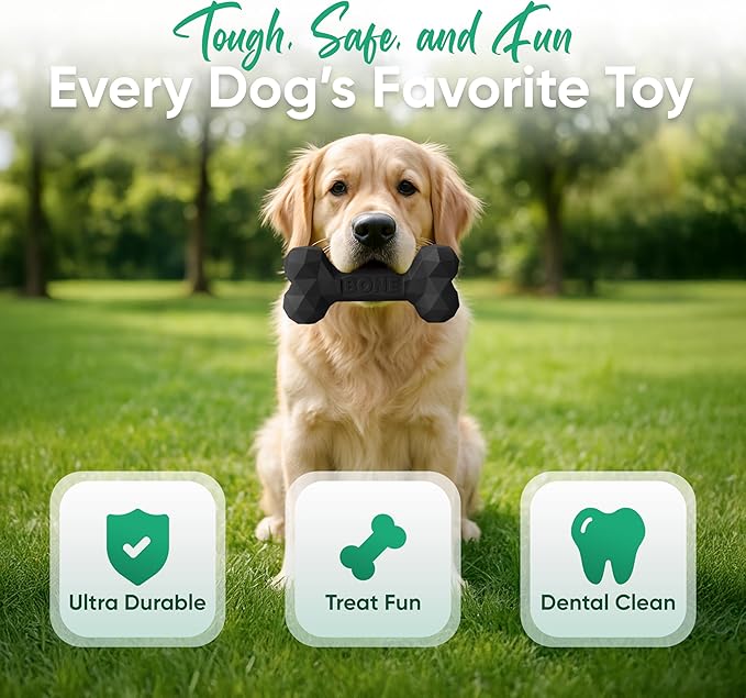 Natural Rubber Dog Chew Bone – Treat-Dispensing, Tough & Indestructible Chew Toy – Safe for Aggressive Chewers – Dental Health & Boredom Relief (Black)