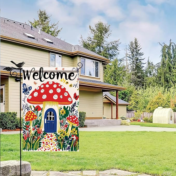 Mushroom House Garden Flag 12x18 Inch Welcome Yard Banner Whimsical Fairy Tale Style Double Sided Outdoor Decoration for Porch Lawn Patio Spring Summer Seasonal Garden Decor
