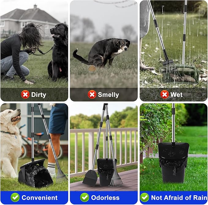 39.8'' Long Handle Dog Pooper Scooper with 20 Bag Attachment Heavy Duty Swivel Bin, Rake & Spade Easy to Clean Poop Scooper for Large Medium Dogs Pet Waste Removal Solution for Yard, Grass, Gravel
