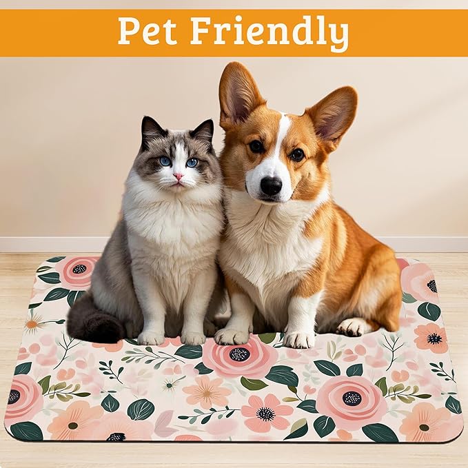 Dog Bowl Mat,Blooming Flowers Pet Feeding Mat for Floors Waterproof,Peonies Roses Absorbent Dogs Placemat for Food and Water Quick Dry Pet Cat Feeding Mats with Non Slip Bottom 12" x 20"