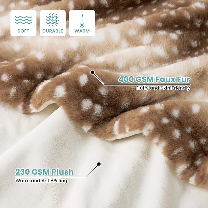 Waterproof Pet Blanket, Christmas Faux Fur Deer Print Blanket, Woman Sofa Bed Couch Throw, Liquid Pee Proof for Large Dog or Cat, Reversible, Washable, Ultra Soft, 40x60 inch, Brown