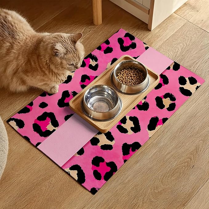 Puppy Feeding Mat 24x16 inch Hot Pink Leopard Print Pet Bowl Placemat Non Slip Floor Mat for Food and Water Indoor Dog Feeding Station Cute Meal Pad for Small Pets Kitchen Use