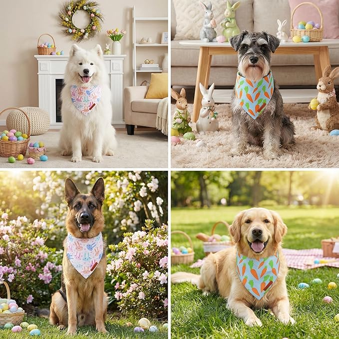 ADOGGYGO Easter Dog Bandanas 2 Pack, Reversible Bunny Carrot Print Puppy Scarf, Premium Fabric, Adjustable Fit Easter Bandana for Medium Large Dogs (Large)