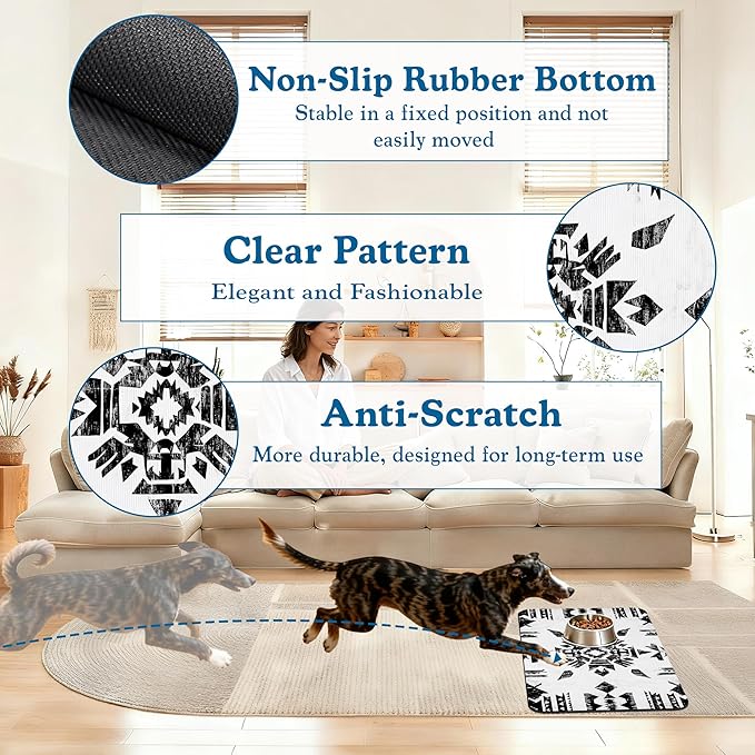 Black Boho Art Dog Food Mat–Christmas Stocking Absorbent Quick Dry Feeding Placemat for Food and Water Bowls, Non Slip Rubber Backing, Waterproof Pet Supplies for Mess-Free Eating 12"x20"