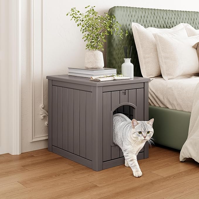 Cat Litter Box Enclosure, Plastic Hidden Litter Box Side Table with Openable Front Door, Waterproof & Weatherproof Cat House for Indoor & Outdoor Use (Gray)