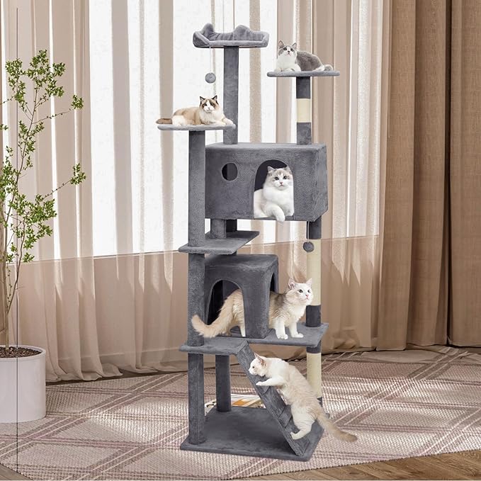 Athena Collection Cat Tree, 77 Inch Cat Tower for Indoor Cats, Multi-Level Cat Tree Tower Activity Center with 2 Cat Condo & Cat Scratching Post & Dangling Ball, Tall Cat Tree, Smoky Gray
