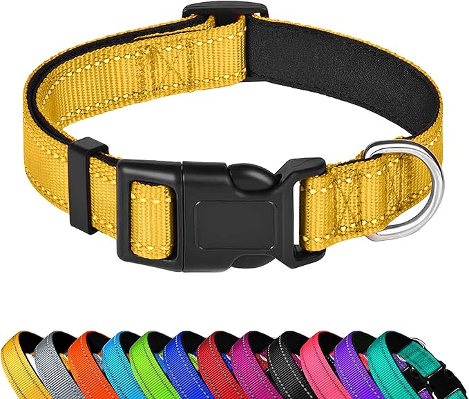 Reflective Dog Collar, Adjustable Soft Neoprene Padded Nylon Pet Collars with Buckle for Extra Large Dogs, Yellow,XL