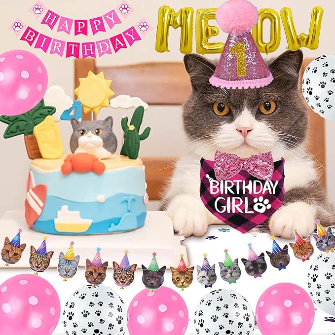 STMK Cat Birthday Party Supplies - Hat, Bandana, Bow Tie, Collar, Banner, Garland, Meow Letter Balloons, Kitten Outfits - Pink