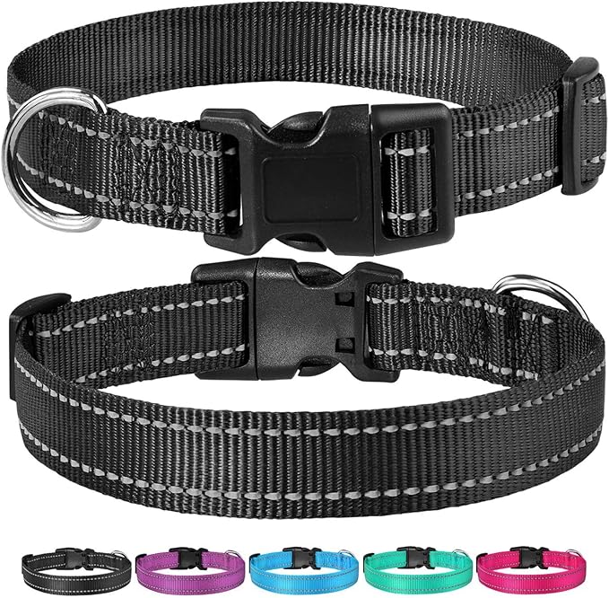 Reflective Dog Collar with Buckle Adjustable Safety Nylon Collars for Small Medium Large Dogs, Black XS