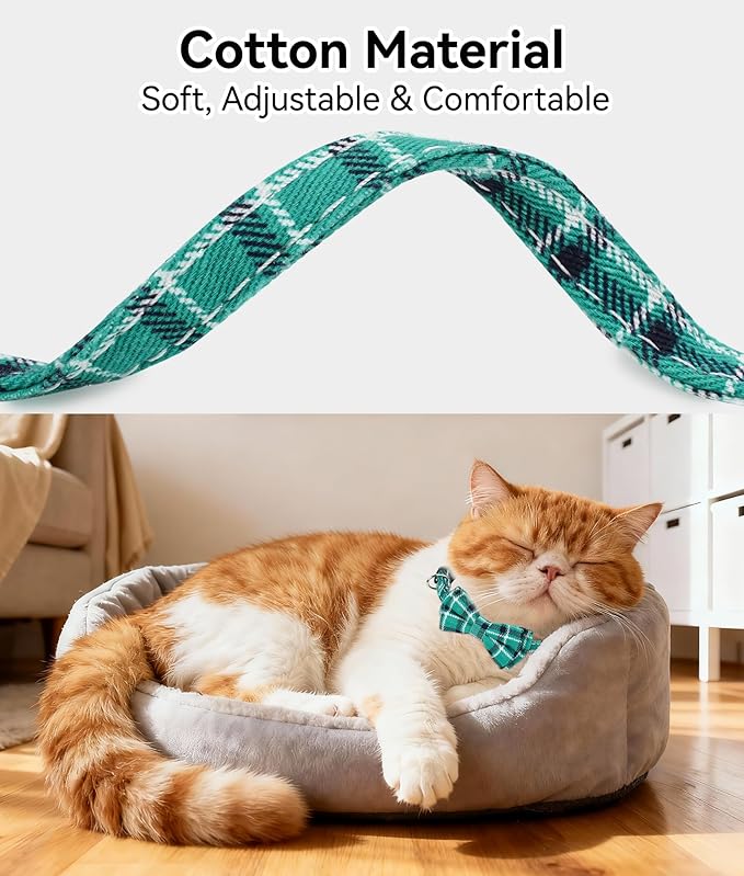 Joytale Upgraded Cat Collar with Bells, Breakaway Cat Collars with Bow Tie, 1 Pack Girl Boy Safety Plaid Kitten Collars, Teal