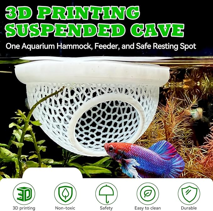 Aquarium Betta Fish Feeding Station, Floating Ring with Cave Hammock, Fish Hide Decoration, White