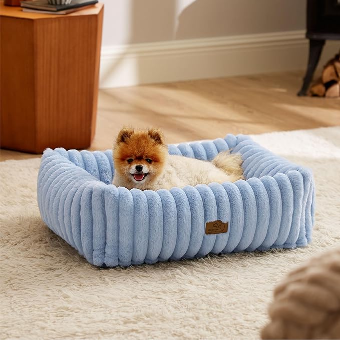 Bedsure ComfyFleece™ Washable Dog Bed for Medium Dogs - Cute Furry Puppy Beds, Rectangle Orthopedic Corduroy Fleece Pet Beds with Removable Zipper Cover, 25x21x7inches, Blue
