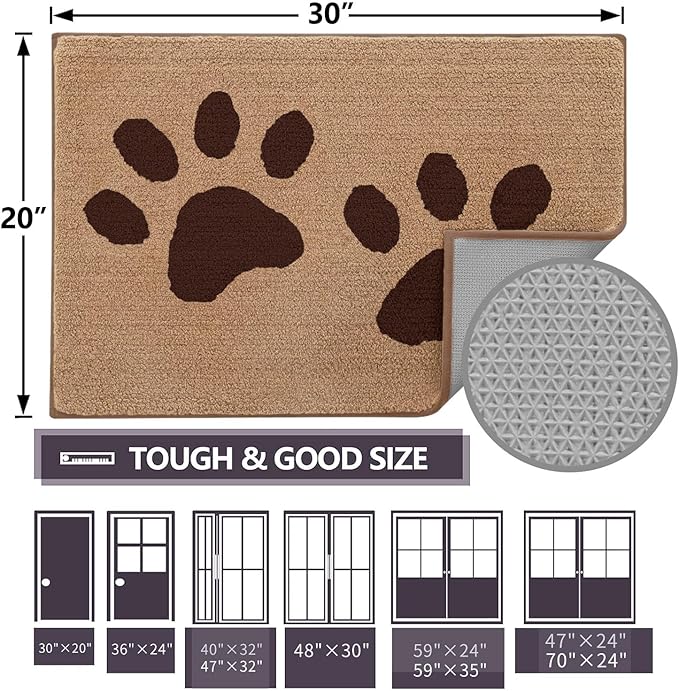 Buganda Dog Door Mat for Muddy Paws, Absorbent Dirt Trapper Washable Indoor Doormats, Non Slip Low-Profile Mud Mat for Dogs, Front Entrance Doormat for Inside Floor (30x20 Inches, Beige)