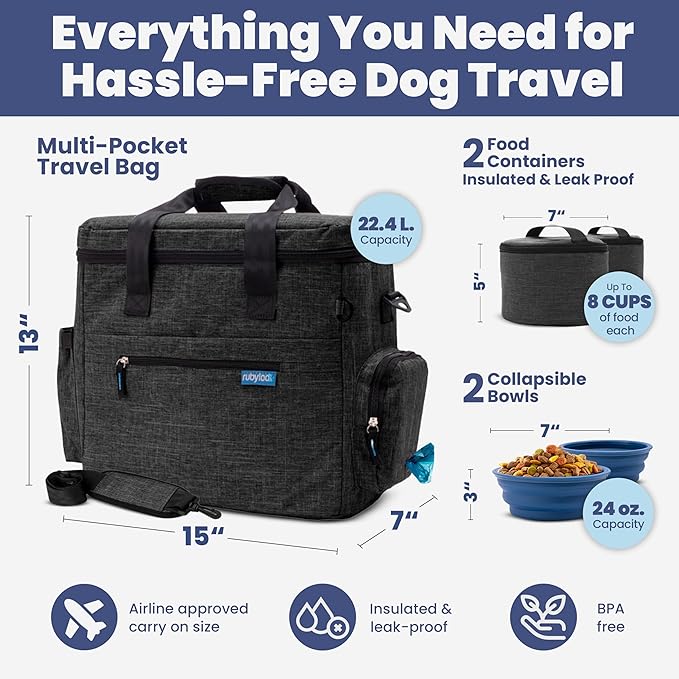 The Original Doggy Bag™ - Complete Dog Travel Bag for Supplies with 2 BPA-Free Travel Dog Bowls & 2 Pet Food Containers - Traveling Kit for Road Trips, Camping, Weekend Away or Doggy Gift: Charcoal