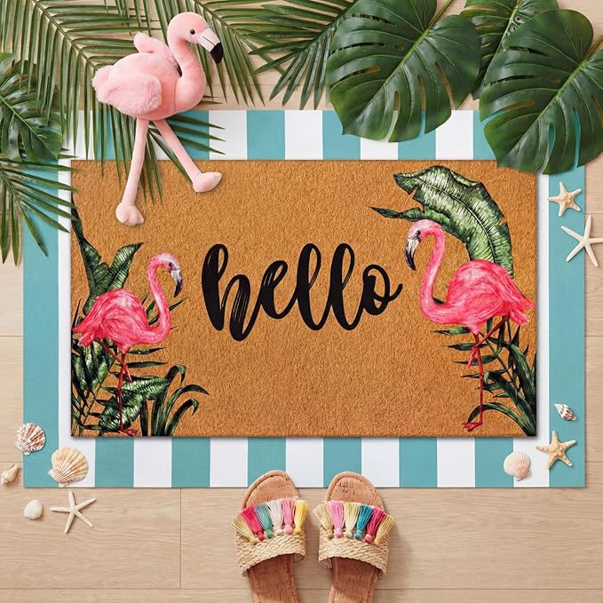 Tinideya 2 Pcs Summer Door Mat Flamingo Welcome Non Slip Coir Hello Mats Floor Layering Doormats Seasonal for Front Porch Entryway Decor(Brown Green White,Hello Flamingo)