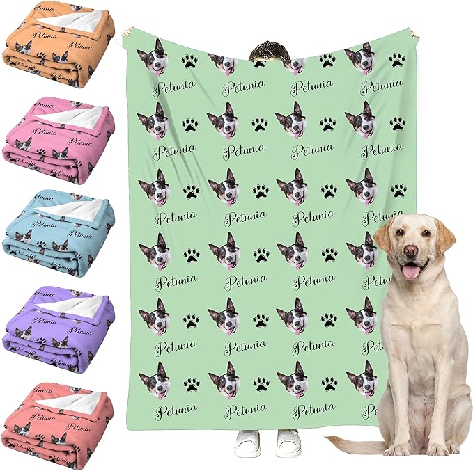 Personalized Paw Print Dog Blanket with Pet Name Face-Custom Puppy Blankets with Picture for Dogs-Customized Dog Memorial Throw Fleece Blanket-Loss of Pets Supplies Sympathy Gift for Bed Sofa Travel