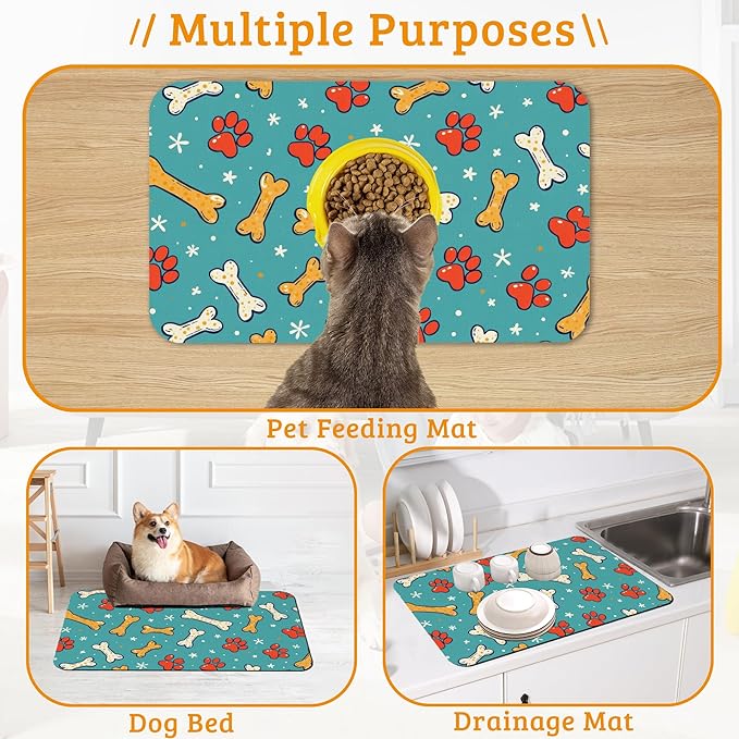 Dog Paws Cat Food Mat,Bones Absorbent Pet Feeding Mat for Food and Water Bowl,Quick Dry Dog Placemat Non Slip Rubber Backing Waterproof Pet Supplies 16" x 24"