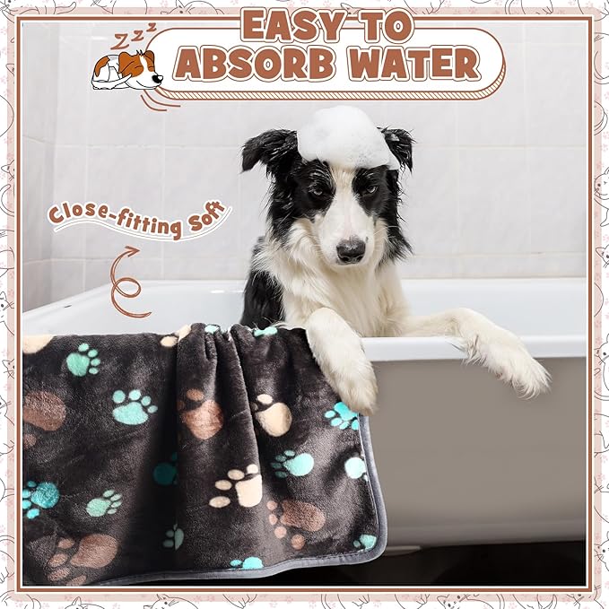 Tegeme 12 Pcs Pet Blankets Soft Fluffy Fleece Dog Cat Warm Paw Print Pattern Blankets Flannel Throw for Pets Dog Puppy Cat(30 x 20 Inch,Dark Gray, White, Camel)