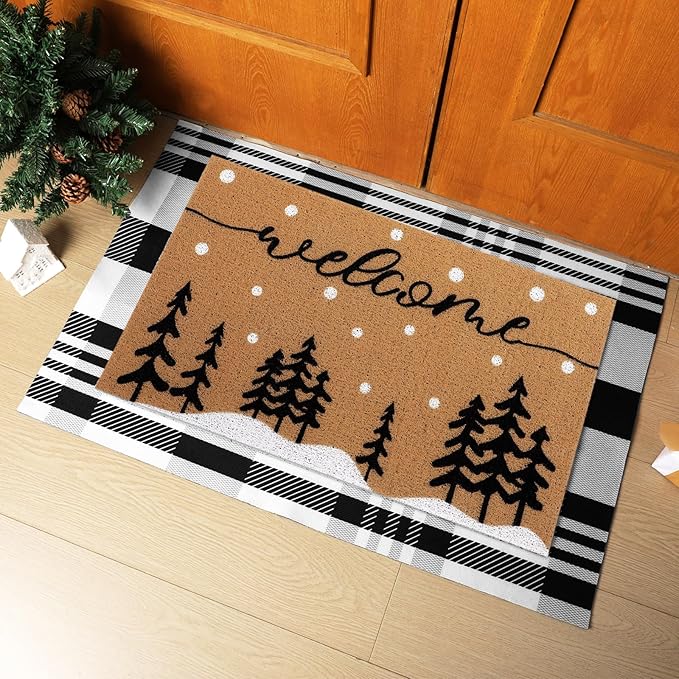 Tinideya 2 Pcs Door Mat Welcome Non Slip Coir Mats Floor Layering Doormats Seasonal for Front Porch Entryway Decor(Snowy Tree)
