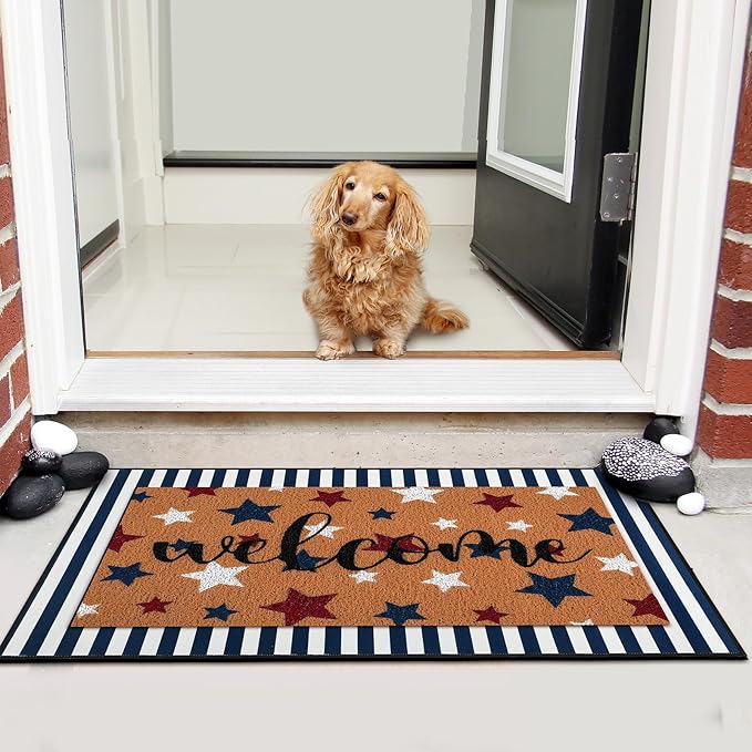Tinideya 2 Pcs Door Mat Welcome Non Slip Coir Mats Floor Layering Doormats Seasonal for Front Porch Entryway Decor(Patriotic)