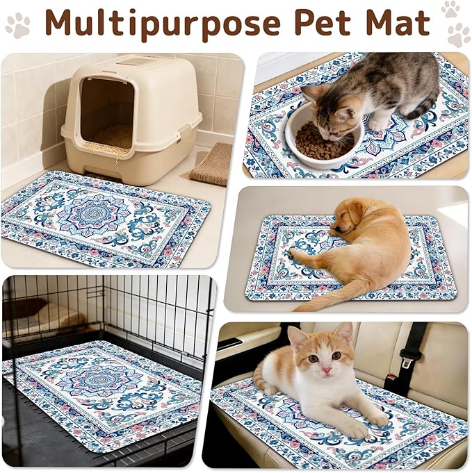 Dog Food Mat for Bowls, Absorbent Quick Dry Dog Cat Mats for Food and Water, Non-Slip Backing Pet Mat Pet Supplies - Blue Vintage Floral Pattern