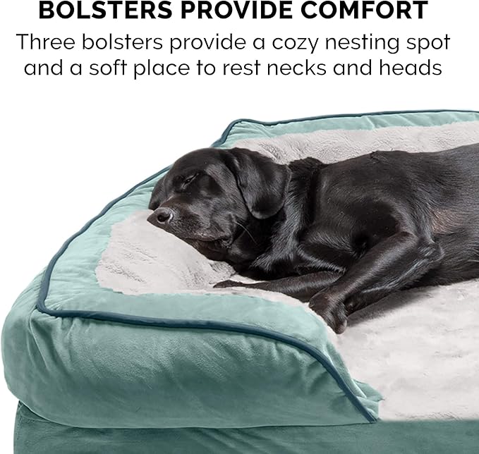 Furhaven Memory Foam Dog Bed for Medium/Small Dogs w/ Removable Bolsters & Washable Cover, For Dogs Up to 35 lbs - Plush & Velvet Waves Perfect Comfort Sofa - Celadon Green, Medium