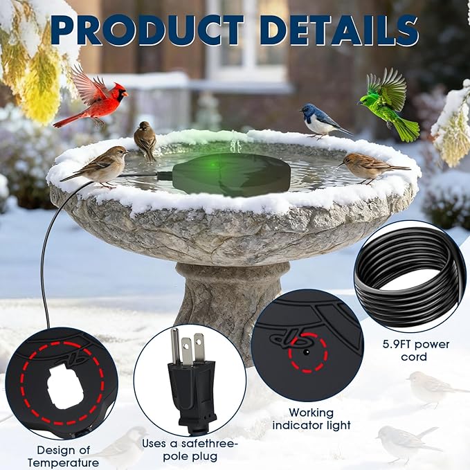 2 Pack Outdoors 100W Bird Bath Heater for Winter,Birdbath Deicer Pond De-icer Thermostatically Controlled Birdbaths Water Heater with 5.9 Ft Power Cord and Working Indicator Light